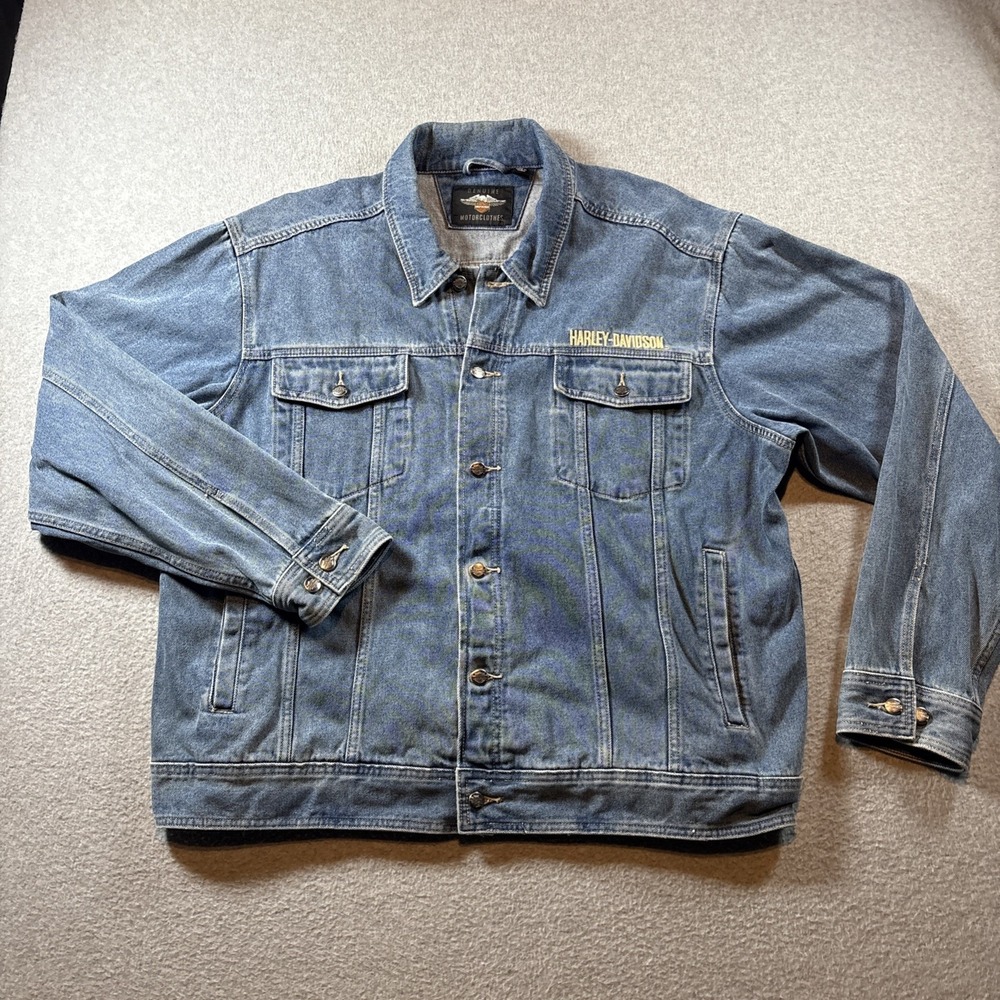 VTG HARLEY DAVIDSON Men's Jean Jacket Sz 2XL Large Logo 90s Y2K Motorcycle